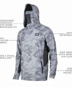Pelagic Gear Mens Pelagic Exo Tech 2.0 Hooded Fishing Shirt | Grey Camo
